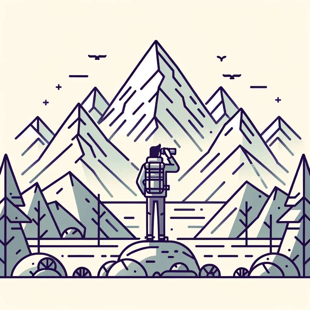 someone gazing at Mount Everest, modern flat design style illustration with line elements